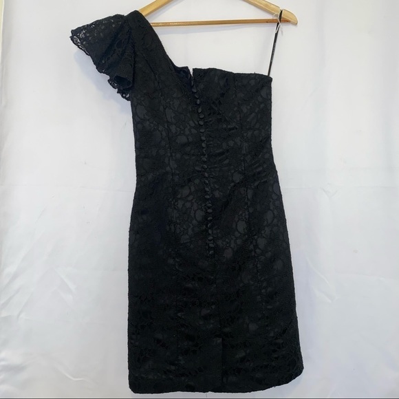 Mori Lee Style 31020 Black Lace One Shoulder Bridesmaid Midi Dress Size 8 - Picture 10 of 12